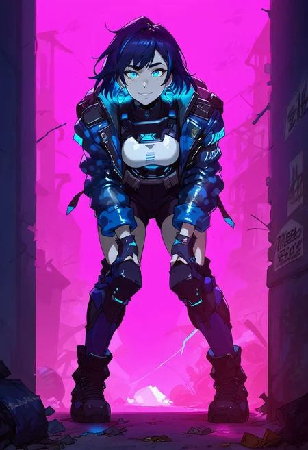 score_9, score_8_up, score_7_up, (((daytime, pink lighting)), (scifi, parking lot), young woman, pale skin, blues eyes, glowing eyes, detailed face, (happy expression), Expressiveh, (blue star earrings), large breasts, (multi colored hair, streaked hair, dark blue hair, dark purple hair), (blue colored inner hair), short hair, messy hair, (purple and blue camouflage armored jacket, black boots), (standing, bent forward, beckoning) (alley, trash, signs, doors), (depth of field, front view)