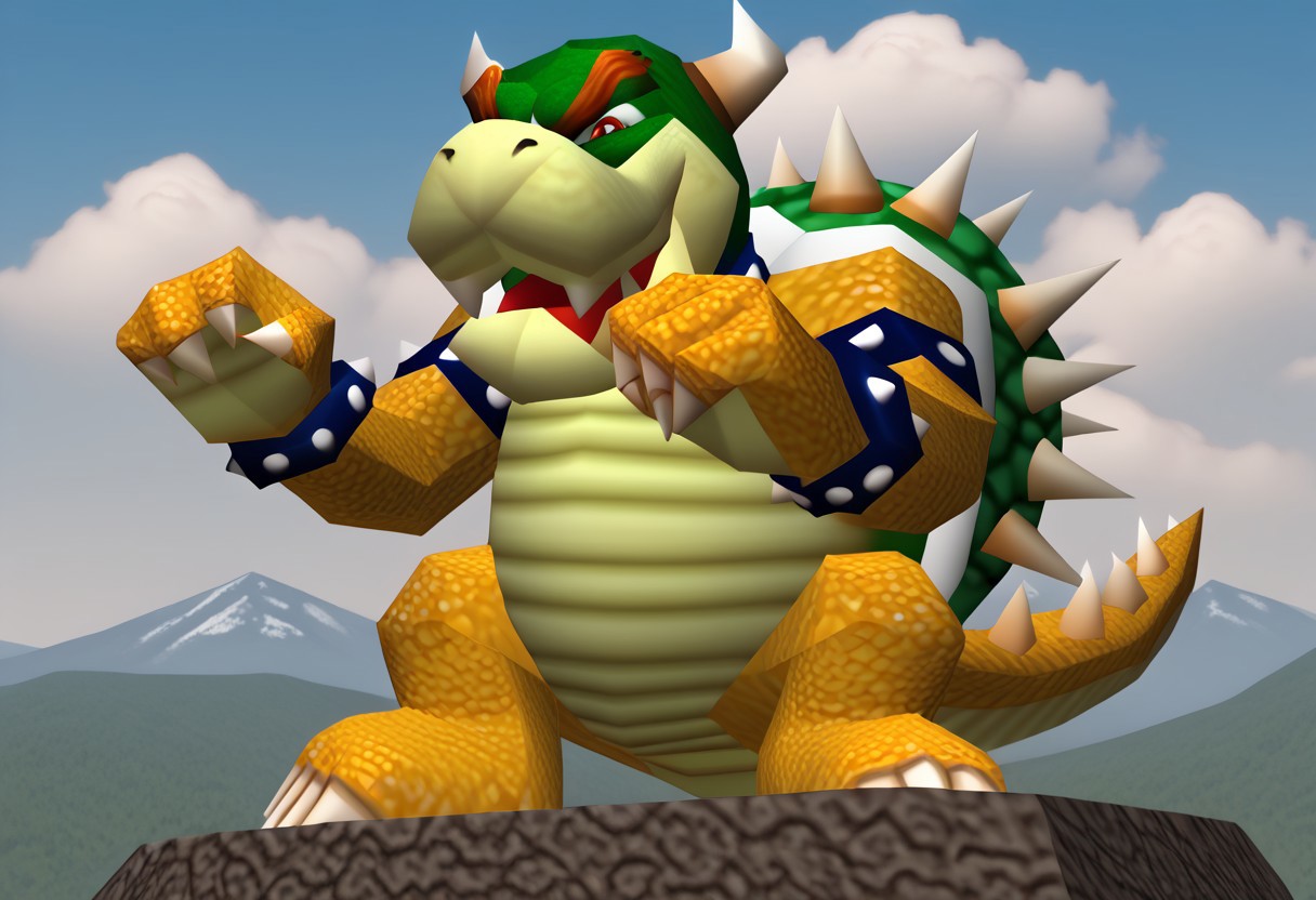 safe_pos, B_SMB1, Expressiveh, score_9, score_8_up, score_7_up, score_6_up, score_5_up, score_4_up, source_furry, hi res, sfw, B_SM64, 3D artwork, polygonal

solo, 1boy, animal focus, no humans, Bowser, koopa, turtle, scalie, muscular, slightly chubby, bulky, Big head, short arms, short legs, spiked collar, spriked bracelet, horns, spikes, tail, claws, shell, red eyebrows, yellow body.

standing, looking at viewer, clenching biceps, sky, clouds, mountains, chubby.