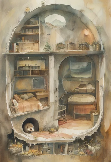 (watercolor art), depicting the inside of a burrow that functions as a the cozy dwelling of a sentient hedgehog.