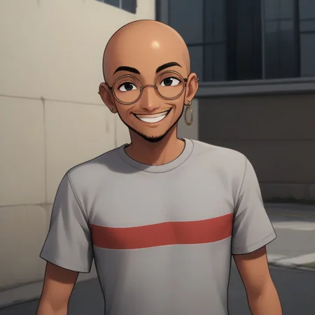 solo,outdoors,posing,smile,1boy,tanned skin,bald,beard stubble, black eyes,grey t-shirt with red stripe,jeans,round glasses,single earring