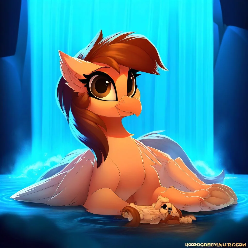 masterpiece, best quality, very aesthetic  <lora:MLP-Hippogriff_Illustrious:0.7> hippogriff, classical hippogriff, wings, feral, my little pony, claws, hooves, medium brown hair, brown eyes, golden brown body, front view, in a waterfall, folded wings, lying on ground, female, breasts, rating_safe