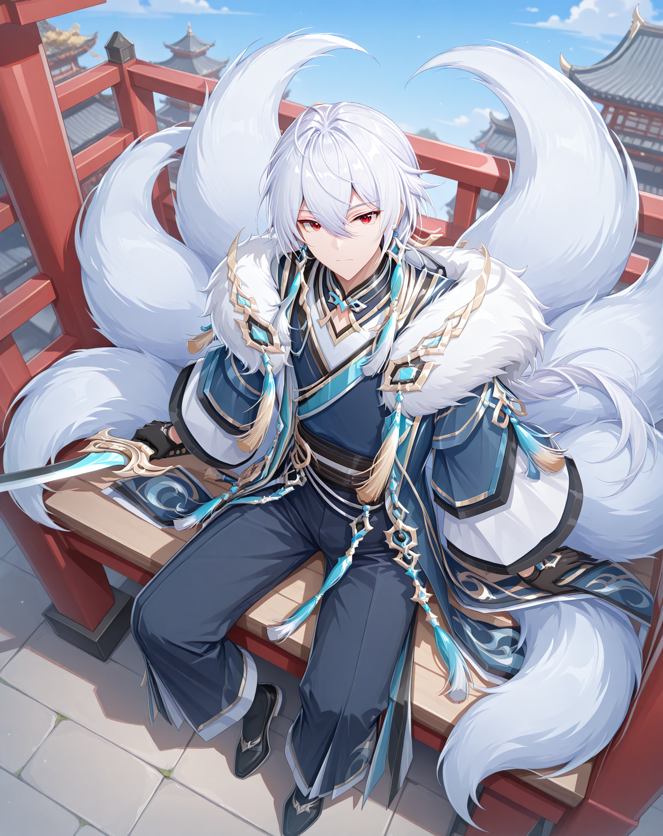 masterpiece, best quality, absurdres, very aesthetic,
1boy, solo, yaoi, male focus,
full body, from above, sitting, close-up, looking at viewer,
<lora:AsinT_FSI:1> asintfsi, red eyes, hair between eyes, long hair, white hair, fox tail, multiple tails,
holding weapon, holding sword,
black gloves, chinese clothes, tassel, fur trim, long sleeves, wide sleeves, pants, black footwear, shirt,
jewelry, earrings,
outdoors, day, blue sky,