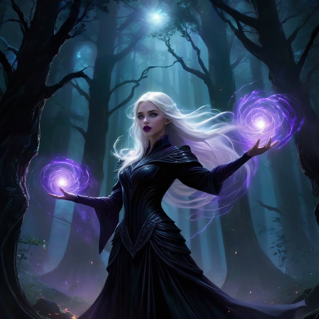 A female elven warlock stands in an ancient forest her arms outstretched  as she strains to control  the magic she has summoned, a swirling  vortex of bright amethyst light.  (long white hair), (bare midriff),
The air is thick with anticipation, the world around her responding to the surge of energy emanating from her hands. Deep within the forest, shadows cling to tree trunks, their darkness punctuated by the ethereal light of the magic. The warlock's pose is deliberate and powerful, every muscle tense with focus as she maintains control over the chaotic vortex.
The digital painting captures every minute detail: the lifelike textures of her robes, the magical light that accentuates her intense expression, and the intricate patterns that swirl around her like an otherworldly dance. The colors differences are striking â the bright magical light against the darkness of the forest at night.
<lora:Dark Fantasy:1>Dark Fantasy - Gothic scene in a dark forest at night with pure black background with a horror atmosphere black shadows