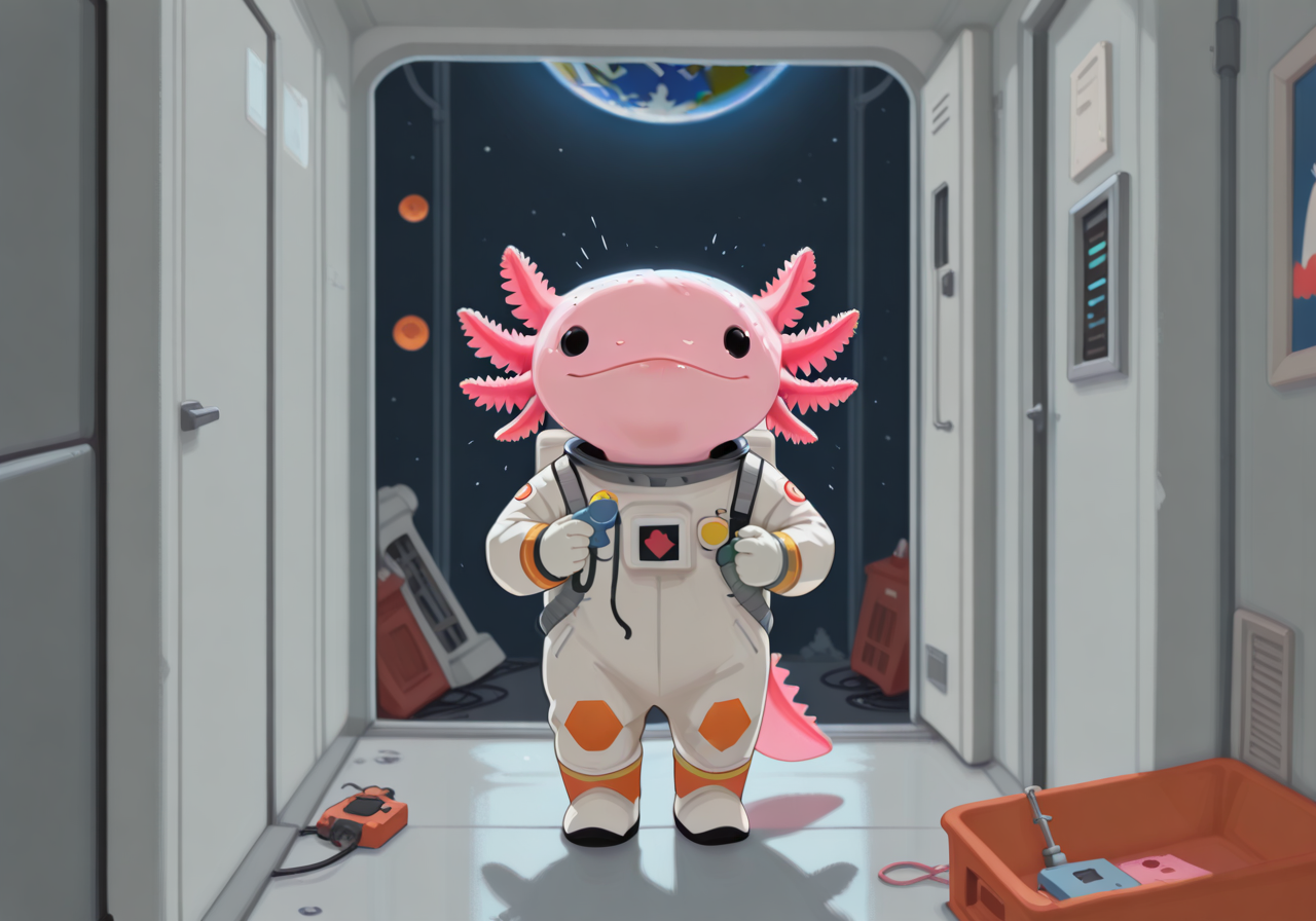 embedding:IllusP0s, (g00se), axolotl as an astronaut, repairing a satellite, Earth in the background<lora:g00se_v2_ill.safetensors:1.0:1.0> <lora:axolotl_ill_v2.safetensors:0.8:0.8>
