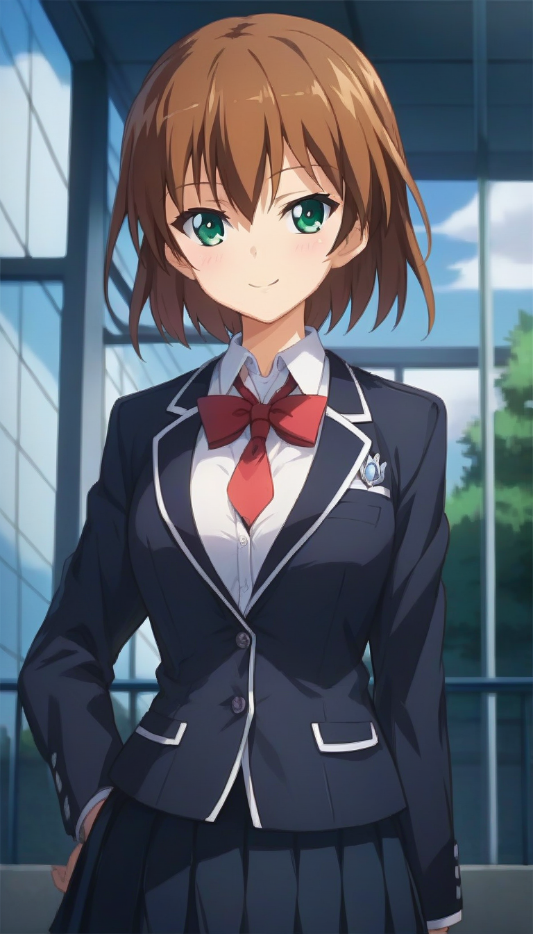 score_9,score_8_up,score_7_up,score_6_up BREAK official art,solo,outdoors,upper body,(portrait:1.5),looking at viewer,facing viewer,smile,blush,Natsume Makino,short hair,brown hair,hair between eyes,bangs,green eyes,school uniform,black jacket,blazer,collared shirt,white shirt,red necktie,medium breasts,skindentation,long sleeves,black skirt,pleated skirt,zettai ryouiki,black thighhighs,loafers,<lora:Natsume Makino(oc2)-Pony:1.6>,
