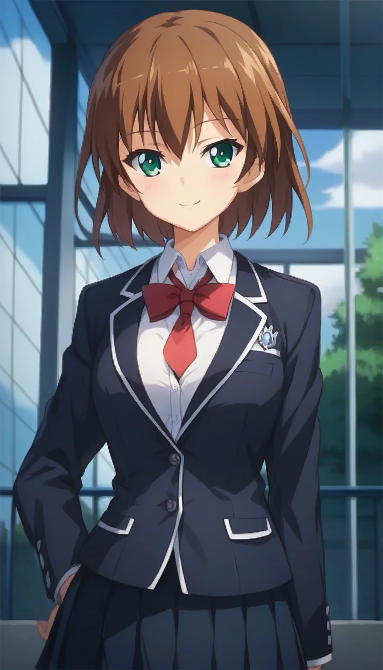 score_9,score_8_up,score_7_up,score_6_up BREAK official art,solo,outdoors,upper body,(portrait:1.5),looking at viewer,facing viewer,smile,blush,Natsume Makino,short hair,brown hair,hair between eyes,bangs,green eyes,school uniform,black jacket,blazer,collared shirt,white shirt,red necktie,medium breasts,skindentation,long sleeves,black skirt,pleated skirt,zettai ryouiki,black thighhighs,loafers,<lora:Natsume Makino(oc2)-Pony:1.6>,