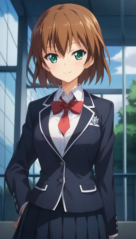 score_9,score_8_up,score_7_up,score_6_up BREAK official art,solo,outdoors,upper body,(portrait:1.5),looking at viewer,facing viewer,smile,blush,Natsume Makino,short hair,brown hair,hair between eyes,bangs,green eyes,school uniform,black jacket,blazer,collared shirt,white shirt,red necktie,medium breasts,skindentation,long sleeves,black skirt,pleated skirt,zettai ryouiki,black thighhighs,loafers,<lora:Natsume Makino(oc2)-Pony:1.6>,