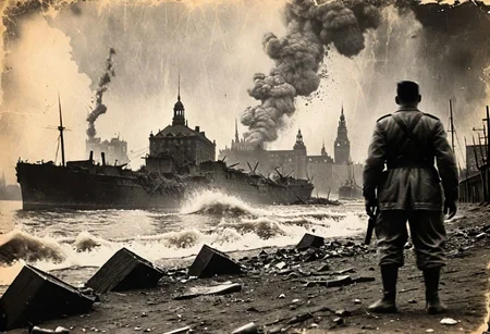 Godzilla on the shore of Hamburg, B&W 35mm vintage photo, WW2 picture, destroyed city backdrop, easynegative, realisticvision-negative-embedding