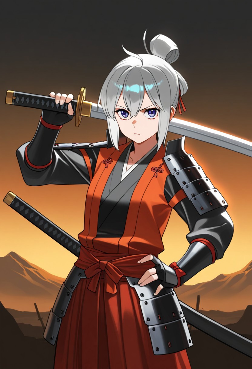 An elderly samurai with long, flowing grey hair tied in a loose topknot, his scarred, weathered face exuding wisdom and resolve. He’s dressed in a tattered kimono with muted red and black hues, adorned with battle-worn lightweight armor. His katana, sheathed at his hip, has a rugged hilt wrapped in dark cloth. Rendered in a vibrant anime style inspired by Danmachi—crisp black outlines, soft gradient shading, and a heroic yet grounded presence. The scene is set on a misty battlefield at dawn, with faint warrior silhouettes in the distance and a warm golden glow piercing the fog. Masterpiece, best quality, highly detailed, dynamic composition, dramatic anime lighting.