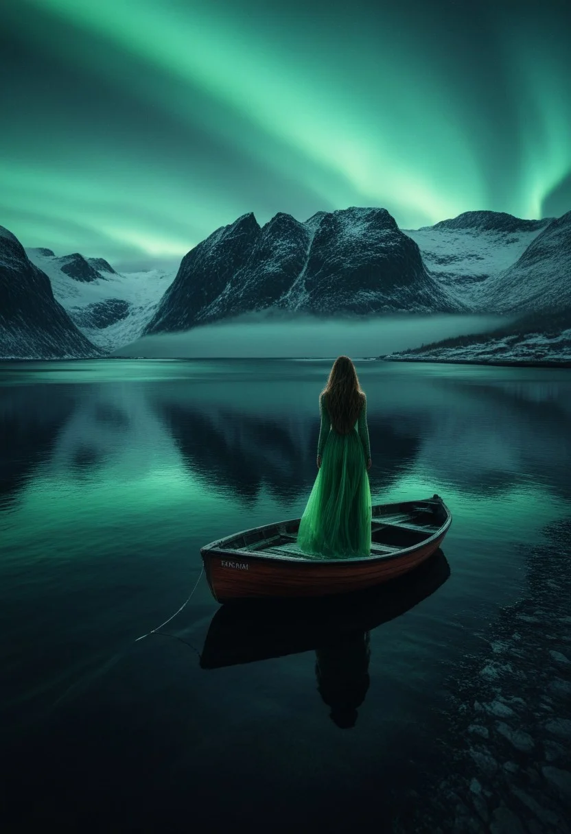 landscape, Norway, mountains, sea, fog, rain, 1 small wooden boat, jetty, outline of a sexy woman in a long dress, long hair. northern lights
high contrast, stylized, clear, surreal, ultra quality , 8k, best quality, masterpiece, textural, artistic, midjourneyv6.1,