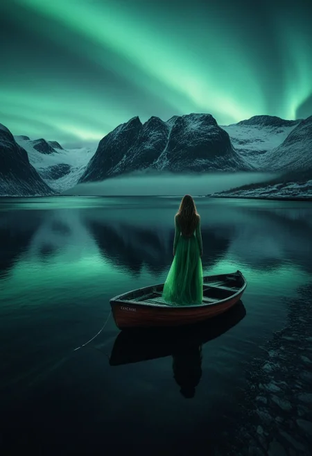 landscape, Norway, mountains, sea, fog, rain, 1 small wooden boat, jetty, outline of a sexy woman in a long dress, long hair. northern lights
high contrast, stylized, clear, surreal, ultra quality , 8k, best quality, masterpiece, textural, artistic, midjourneyv6.1,