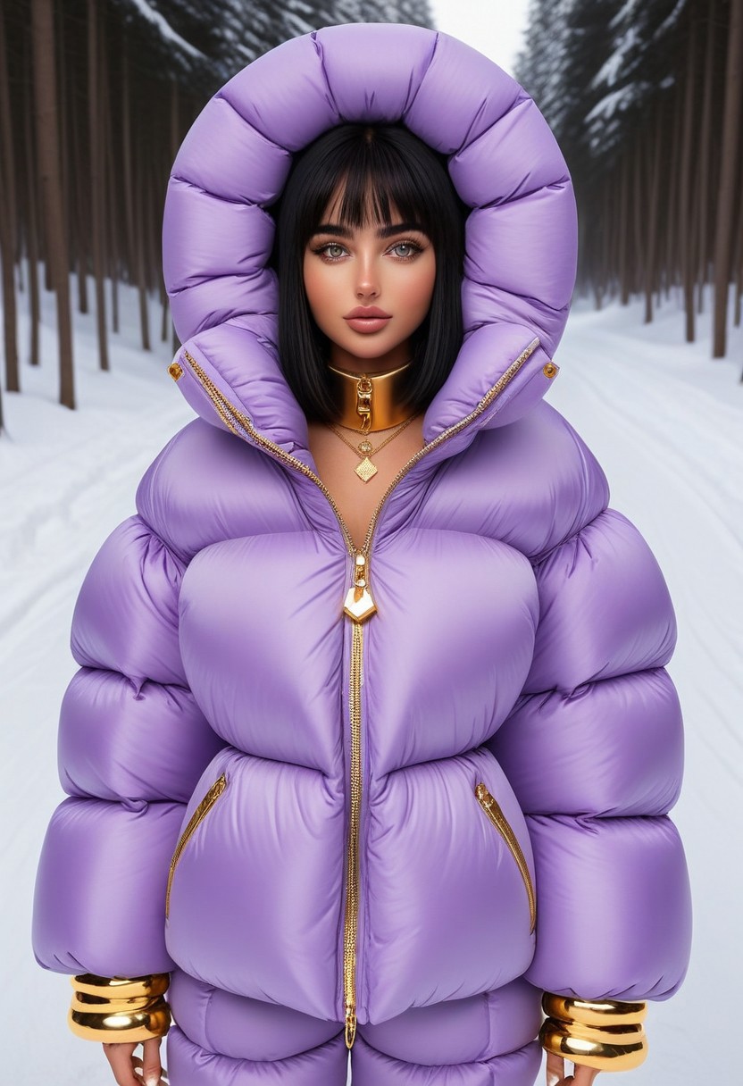 ((((puffer padded jacket)))), ((((puffer padded coat)))), ((((full body)))), ((((fur boots)))), ((((puffer pants)))), ((((puffer hood up)))), winter, snow, forest, 1girl, solo, (masterpiece), detailed face, detailed eyes, (beautiful detailed eyes:1.5), sidelighting, (super detail, hyper detail, intricate_details, detailed), (semi realistic:1.6), (Bob cut), blunt bangs,(black hair), (purple eyes, eyelashs), tanned skin, smug smile, angry face, Golden jewelery, golden rings, golden necklace, golden armlets, golden chains, padded cuffs, padded collar, Thick padded cuffs, Thick padded collar, <lora:Collar-SDXL:0.6>, <lora:Cuffs-SDXL:0.6>, <lora:Puffer_Jacket_and_Down_Jacket_-_Extra_Puffy_Jackets:0.4>, <lora:snowpants_v1:0.4>