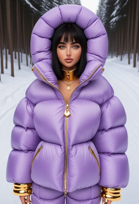 ((((puffer padded jacket)))), ((((puffer padded coat)))), ((((full body)))), ((((fur boots)))), ((((puffer pants)))), ((((puffer hood up)))), winter, snow, forest, 1girl, solo, (masterpiece), detailed face, detailed eyes, (beautiful detailed eyes:1.5), sidelighting, (super detail, hyper detail, intricate_details, detailed), (semi realistic:1.6), (Bob cut), blunt bangs,(black hair), (purple eyes, eyelashs), tanned skin, smug smile, angry face, Golden jewelery, golden rings, golden necklace, golden armlets, golden chains, padded cuffs, padded collar, Thick padded cuffs, Thick padded collar, <lora:Collar-SDXL:0.6>, <lora:Cuffs-SDXL:0.6>, <lora:Puffer_Jacket_and_Down_Jacket_-_Extra_Puffy_Jackets:0.4>, <lora:snowpants_v1:0.4>