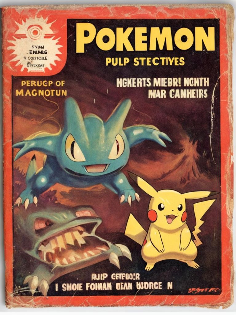 Pokemon pulp cover  VintageMagStyle <lora:SDXL-VintageMagStyle-Lora:1>