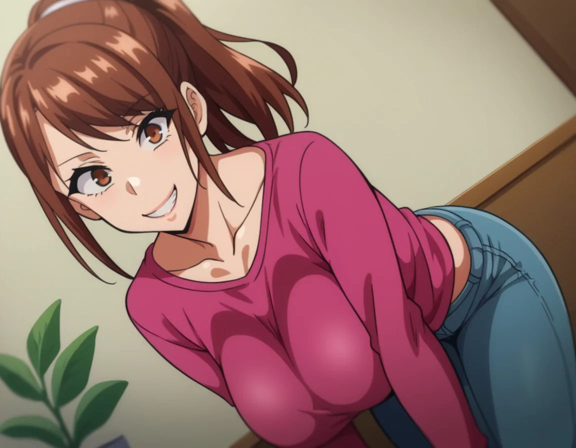 score_9, score_8_up, score_7_up, source_anime,
hisatoazuma, <lora:hisato-azuma-ova-ponyxl-lora-nochekaiser:1>,
hisato azuma, brown hair, brown eyes, large breasts,
shirt, ponytail, pink shirt, long sleeves, collarbone, pants, denim,
indoors, bent over, smile,
looking at viewer, cowboy shot, solo, dutch angle,