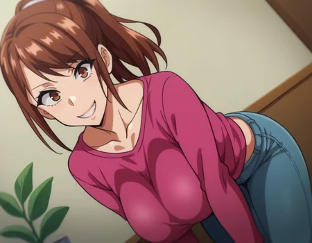 score_9, score_8_up, score_7_up, source_anime,
hisatoazuma, <lora:hisato-azuma-ova-ponyxl-lora-nochekaiser:1>,
hisato azuma, brown hair, brown eyes, large breasts,
shirt, ponytail, pink shirt, long sleeves, collarbone, pants, denim,
indoors, bent over, smile,
looking at viewer, cowboy shot, solo, dutch angle,