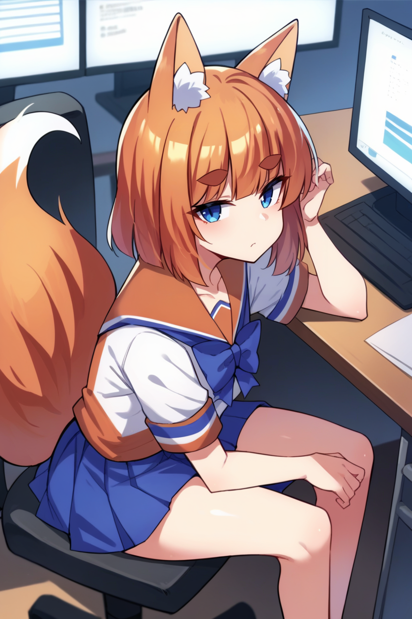 score_9, score_8_up, source_anime, 1girl, solo   <lora:ffchan-pdxl-nvwls-v1-000006:1> ffchan, fox ears, blue bowtie, white shirt, serafuku, short sleeves, blue skirt, fox tail, sitting, chair, desk, computer monitor, computer, looking at viewer