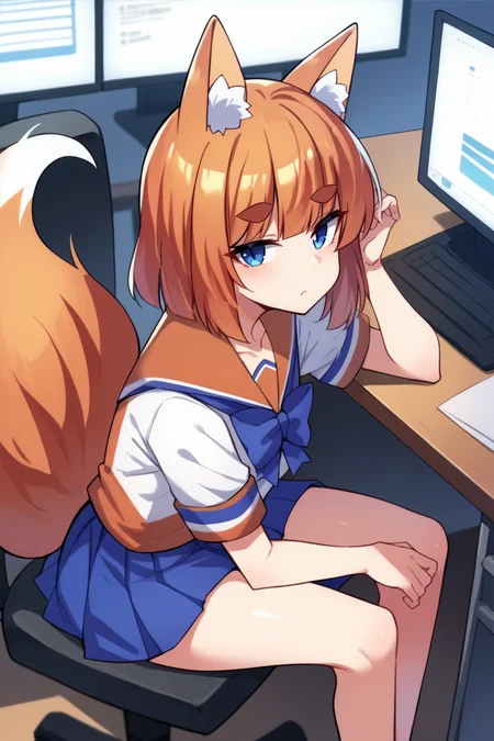 score_9, score_8_up, source_anime, 1girl, solo <lora:ffchan-pdxl-nvwls-v1-000006:1> ffchan, fox ears, blue bowtie, white shirt, serafuku, short sleeves, blue skirt, fox tail, sitting, chair, desk, computer monitor, computer, looking at viewer