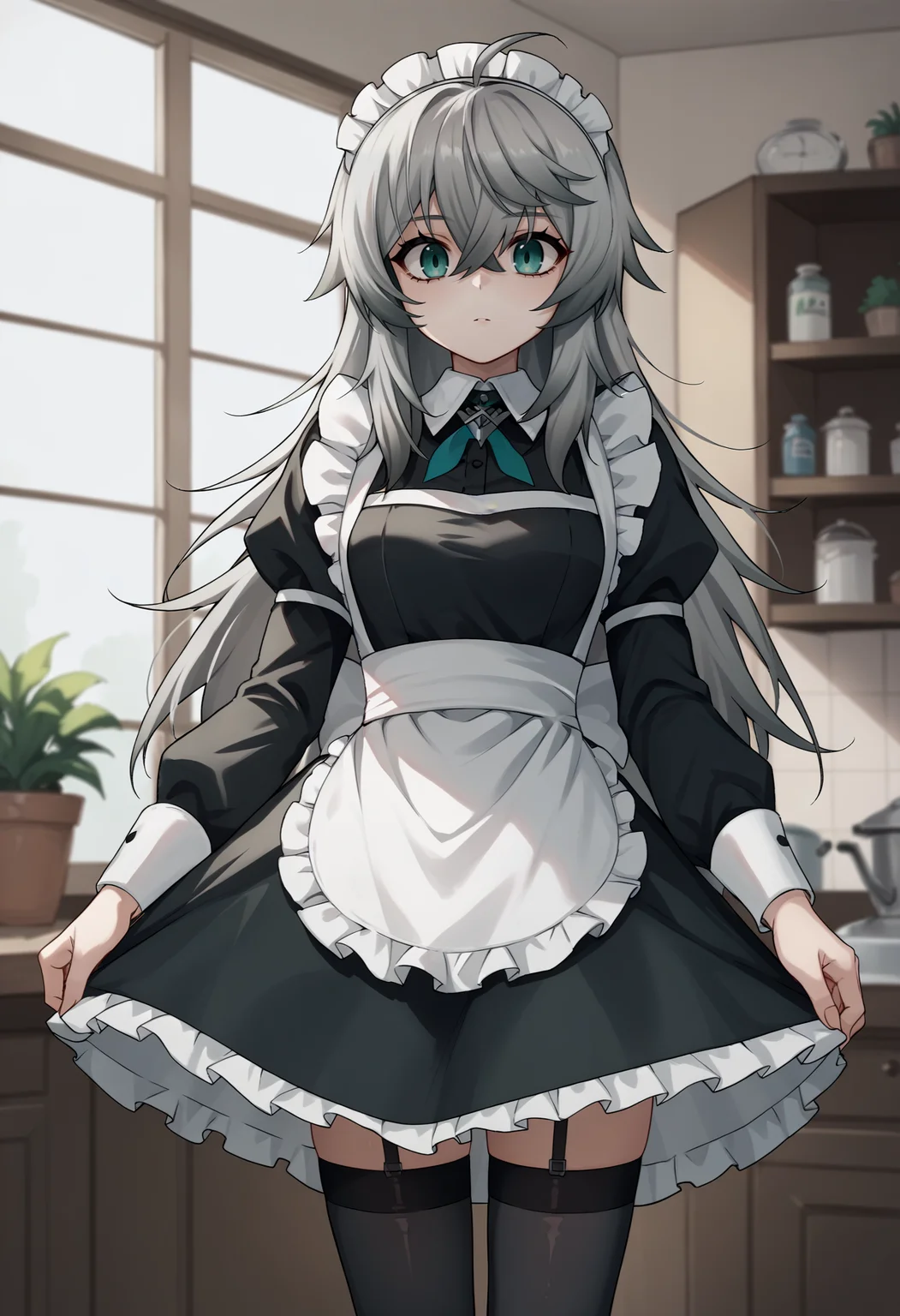 score_9, score_8_up, score_7_up, score_6_up, source_anime, BREAK cowboy shot, indoors, 1girl, <lora:KatjaPDXL-v2-17:0.8> katja, long hair, grey hair, aqua eyes, hair between eyes, ahoge, maid, black dress, skirt, apron, thighhighs, standing, looking at viewer,