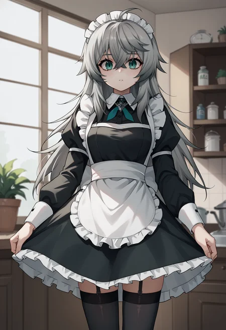 score_9, score_8_up, score_7_up, score_6_up, source_anime, BREAK cowboy shot, indoors, 1girl, <lora:KatjaPDXL-v2-17:0.8> katja, long hair, grey hair, aqua eyes, hair between eyes, ahoge, maid, black dress, skirt, apron, thighhighs, standing, looking at viewer,