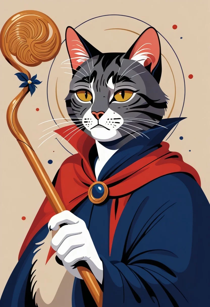 score_9, score_8_up, score_7_up, solo, 1 cat, easynegative, catman, staff, memphis corporate design, flat art, flat coloring, simple, vector art, corporate art, cel shading, cel shaded, Vector Cartoon Illustration, cat, catman, man with cat head, red furr cat, red furr, dark blue mantle, beige backgound,