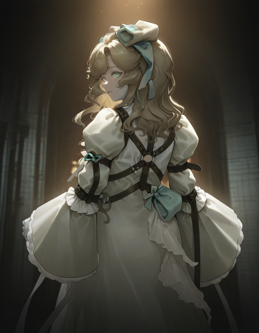 1girl,lorelei, bandages,bule bow,white dress, 
from behind, looking back, 
<lora:loreleireverse1999:1>, ultra-detailed, cinematic lighting, (masterpiece, best quality, high quality, highres, ultra-detailed),