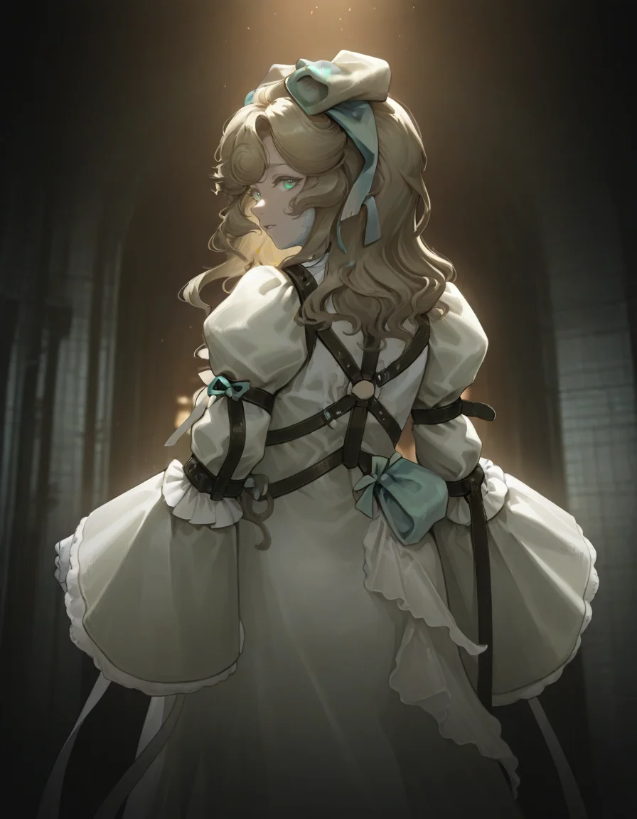 1girl,lorelei, bandages,bule bow,white dress,
from behind, looking back,
<lora:loreleireverse1999:1>, ultra-detailed, cinematic lighting, (masterpiece, best quality, high quality, highres, ultra-detailed),