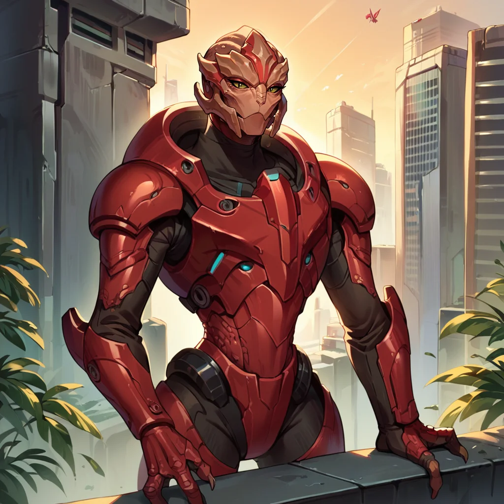 score_9, score_8_up, score_7_up, score_6_up, score_5_up, score_4_up, METurianF, 1girl, alien, red armor, standing, science fiction, on top of building, grey skin, skyscraper, utopia, cowboy shot <lora:METurianPonyV6MF-03:1>