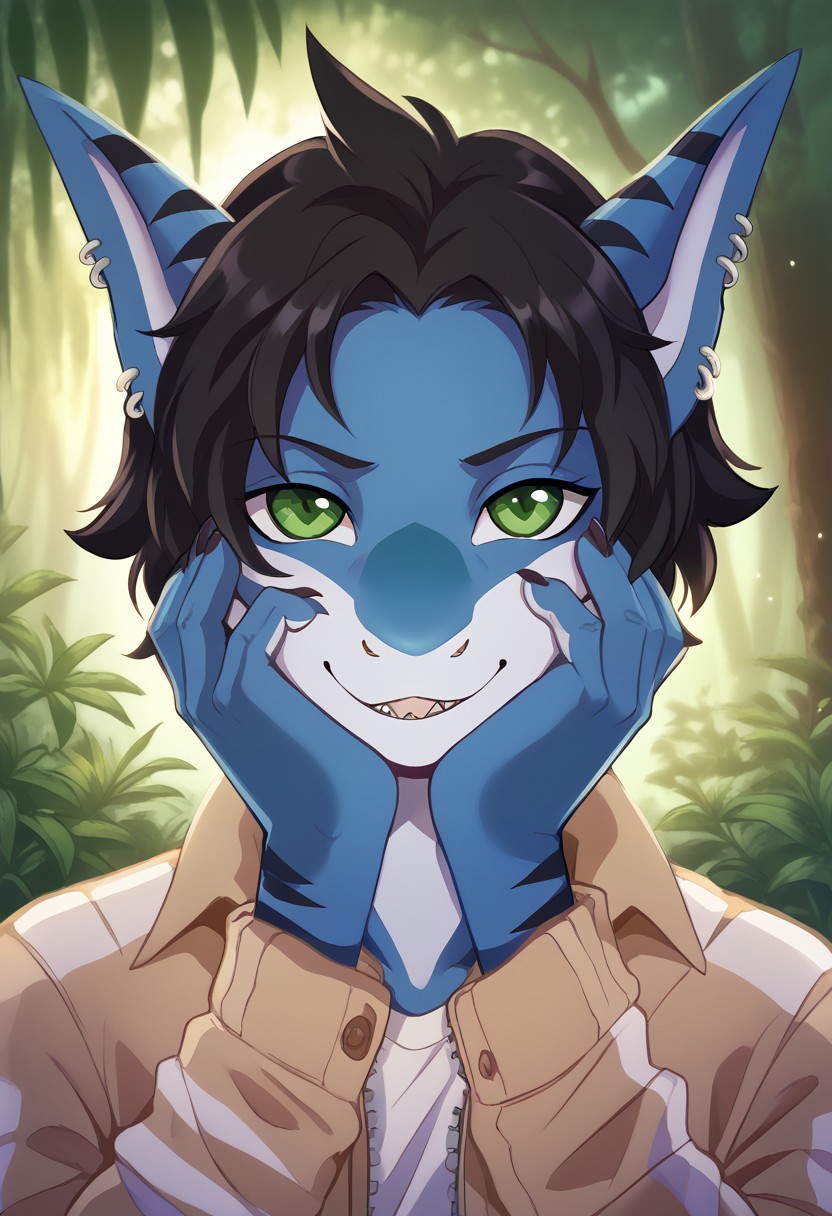 <lora:Scappo_Style_v2_PonyXL:0.8> by scappo, scappo,  score_9, score_8_up, score_7_up,1boy, lunarsunxl,  anthro shark,dark blue skin, stripes on the body, short hair,lush hair,black hair, green eyes, shark tail, ear piercing, BREAK, light jacket, <lora:yandere_trance_v1_pruned:1>, yandere trance, close-up