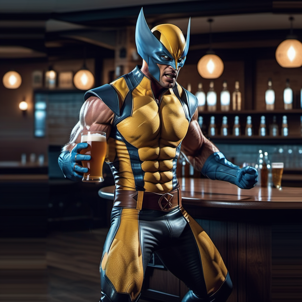 Wolverine1024, a man having a beer in a pub, full body, cyberpunk background, features intricate detail, detailed eyes, highly detailed, photography, ultra sharp, film, bokeh, professional, 4k   <lora:Wolverine1024-000350:0.7>