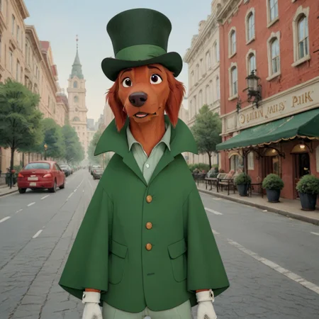 score_9, score_8_up, score_7_up, score_6_up, score_5_up, score_4_up, detailed fur, detailed face, city park background, masterpiece, furry male, front facing
BREAK
Shamus, dog, Irish Setter, anthropomorphic dog, cartoon dog, animal ears, long ears, floppy ears, red ears, orange fur, black eyes, brown nose, long snout, green cloak, green suit, white gloves, dark green top hat, Disney,
BREAK
<lora:add-detail-xl:1.5>