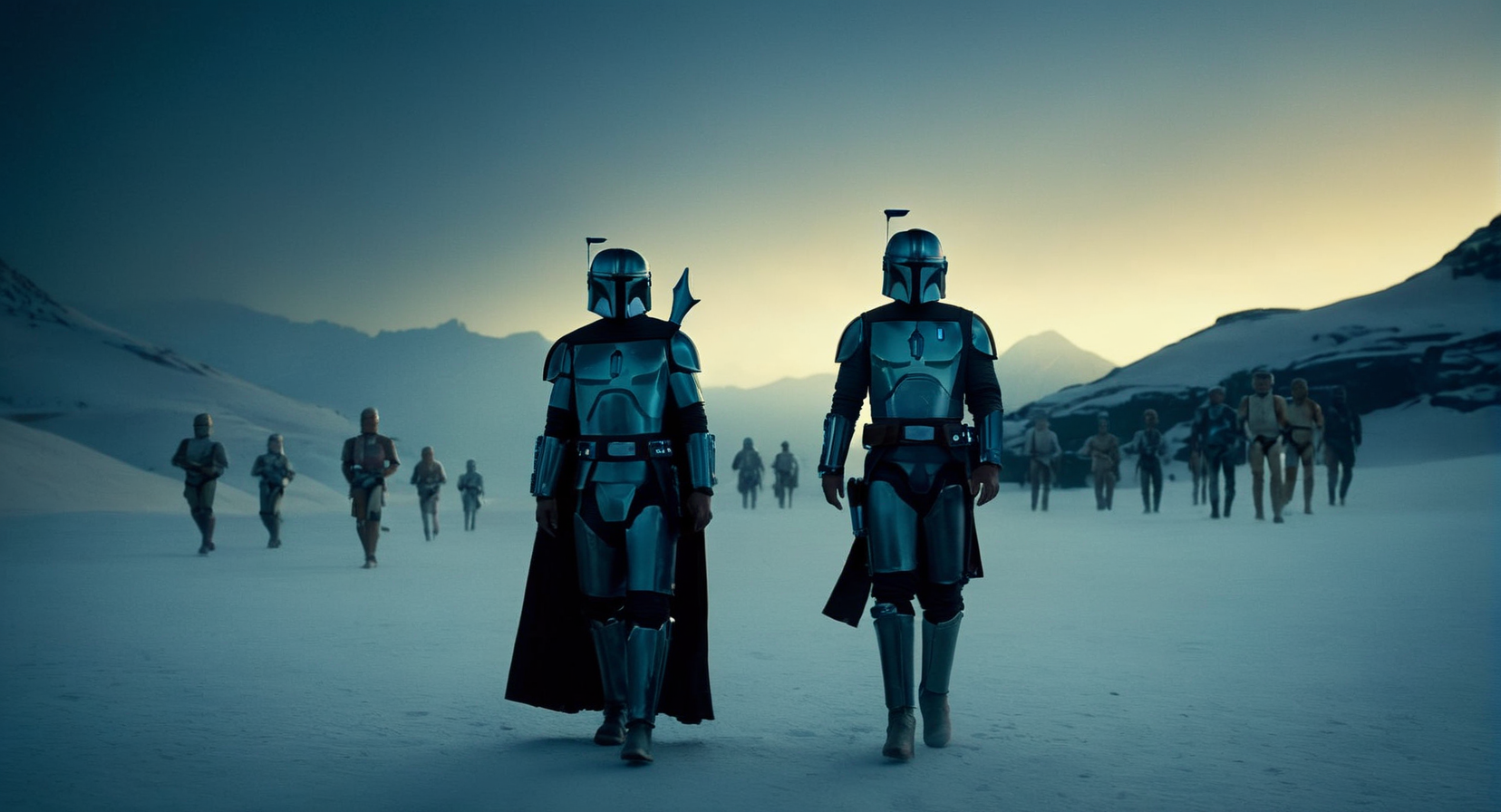 cinematic film still of  <lora:Mandalorian style:1.2>
in star wars universe a group of people in star wars the clone wars at blue night sky with star and mountains Mandalorian style, shallow depth of field, vignette, highly detailed, high budget, bokeh, cinemascope, moody, epic, gorgeous, film grain, grainy