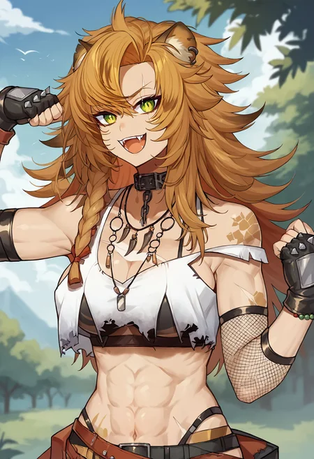 score_9, score_8_up, score_7_up
1girl, upper body, outdoors, looking at viewer, open mouth, :d, flexing, hand up
<lora:yena-youngblood:1>
yenayoungblood
long hair, single braid, swept bangs
collar, necklace
white tank top, torn clothes, black bra, bra visible through clothes, strap slip, midriff
armband, single fishnet sleeve, bare arms
fingerless gloves, bead bracelet