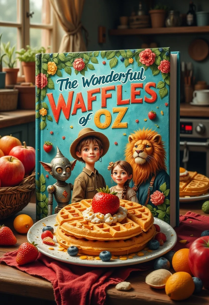 the book "The Wonderful Waffles of Oz" on a table with a detailed cover image featuring a delicous waffles on dish with a cute scarecrow boy,a cute robot, a cute lion,and a wizard girl around, the text "The Wonderful Waffles of Oz" with colorful font on top,exquisite and gorgeous painting style, oil painting style cover, the book on kitchen table,many fruit and drink on table around,fantasy fictional style screen,