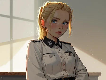 score_9, score_8_up, score_8_up, raw,
1girl, solo, full shot, blonde hair, (blue eyes, exhausted),
white military uniform, white uniform,
(classroom:1.2), detailed background, volumetric lighting,
wehr, <lora:incase_v14:1>, <lora:age_slider_v4:-2>, <lora:Wehrmacht_And_Officers__World_War_2:0.9>