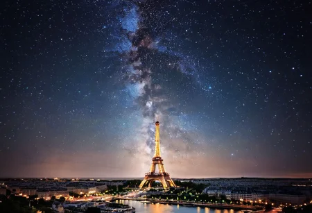 beautiful city in the night sky with Eiffel tower in her center, stars, realistic style, dreamy, fantasy. The photo depicts a beautiful city under the night sky filled with stars. The scene seems dreamy and fantastical, 8K, cinematic photo <lora:juggernaut_cinematic:1.00>
