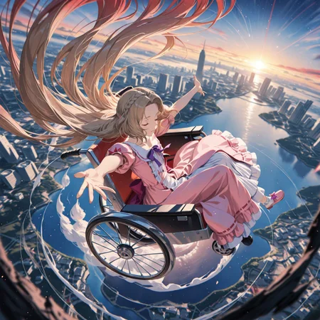 nunnally, 1girl, brown hair, long hair, depth of field, side locks,closed eyes, pink dress, sitting in wheelchair, flying wheelchair, french braid, in air, flying, puffy sleeves, purple bow, closed eyes, outstretched arm, red dusk lighting, falling, floating long hair,HU1, ultra wide shot, destroyed cityscape, scenery, sky, dusk, luminous background, close up. (from side:0.5), (from above:0.6),
solo, masterpiece, best quality, very aesthetic, absurdres, amazing quality, by sakuraba yuuki, by nagishiro mito, by guweiz, by unfair,