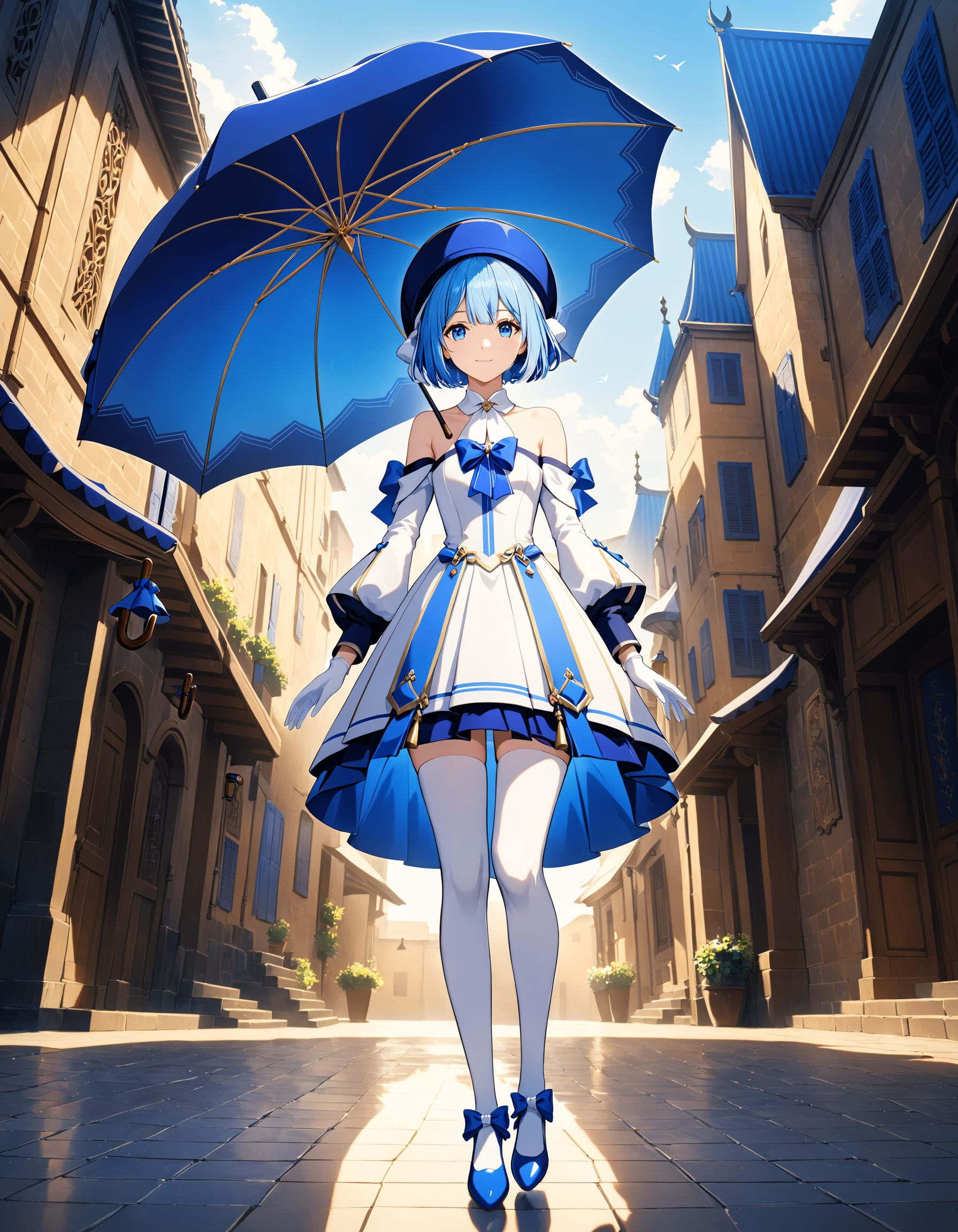 Hoyoearth, 1girl, solo, looking at viewer, smile, short hair, blue eyes, simple background, thighhighs, gloves, long sleeves, hat, white background, dress, bow, bare shoulders, closed mouth, blue hair, standing, full body, multicolored hair, shoes, white gloves, off shoulder, white dress, white thighhighs, streaked hair, bird, umbrella, white bow, hat bow, blue headwear, blue footwear, closed umbrella, very detailed, cinematic angle, outdoors, ultra sharp, rembrandt lighting, side lighting, cinematic shading, cinematic lighting, foreshortening, detailed background, Hoyoverse, masterpiece, best quality , official art , <lora:hoyoverse_SDXL:0.8>