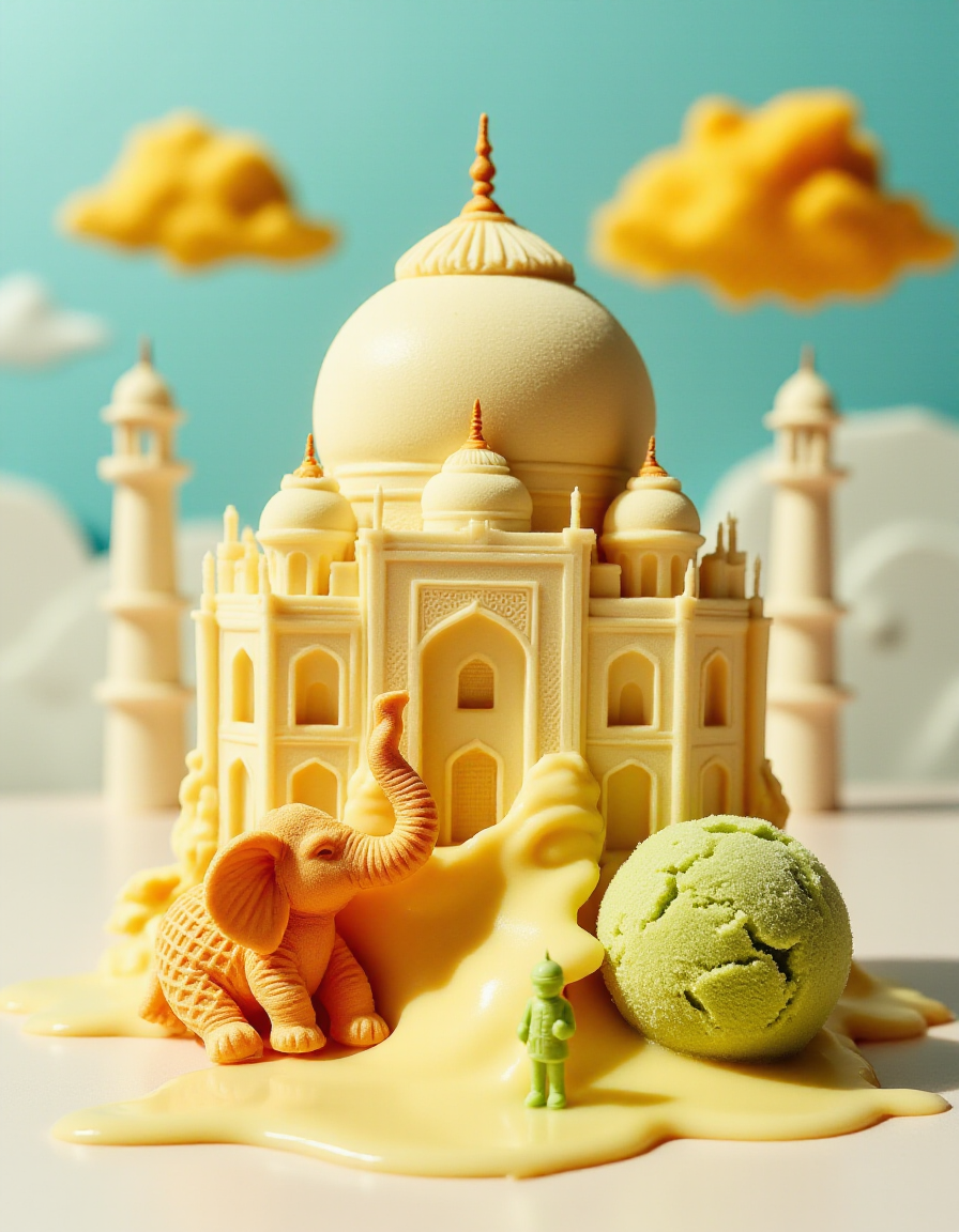A melted, swirled ice cream sculpture of the Taj Mahal, where the main dome is slowly sliding off like a melting scoop! ð¦ð° A tiny waffle-cone elephant is trying to hold it up with its trunk, while a scoop of pistachio ice cream (shaped like a mini guard) stands worriedly at the entrance. The background features colorful mango lassi clouds floating by.
<lora:ice-cream-cone-flux:1>