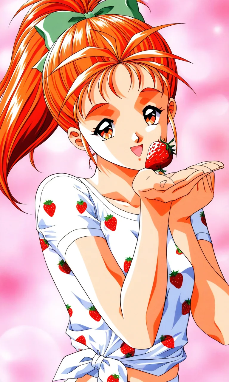 general,highres, ultra-detailed,very aesthetic,best quality ,best hands, BREAK <lora:Saotome_Yumi_Tokimeki_Memorial_IS:1>
Saotome_Yumi(Tokimeki_Memorial), 1girl, solo, closed eyes, orange hair, hair bow, high ponytail, long hair, small breasts,
open mouth, happy,
fruit, bow, food, shirt, single strawberry print shirt, orange eyes,
smile, looking at viewer, food print, t-shirt, socks, short sleeves, white shirt, upper body, solo focus, closed mouth