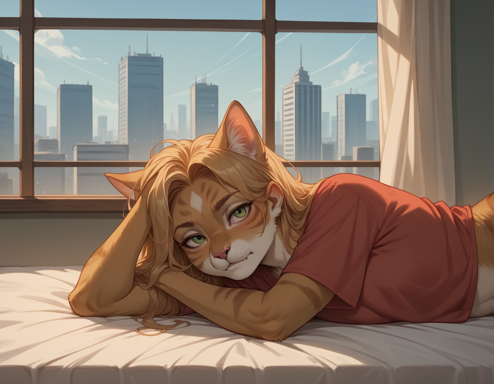 score_9, score_8_up, score_7_up, score_6_up, score_5_up, score_4_up, 1girl, furry, solo, cat, hud_pr0ppedup, on one elbow, upper body, lying, on side, <lora:hud_pr0ppedup_XLP:0.5>, bed, window, cityscape