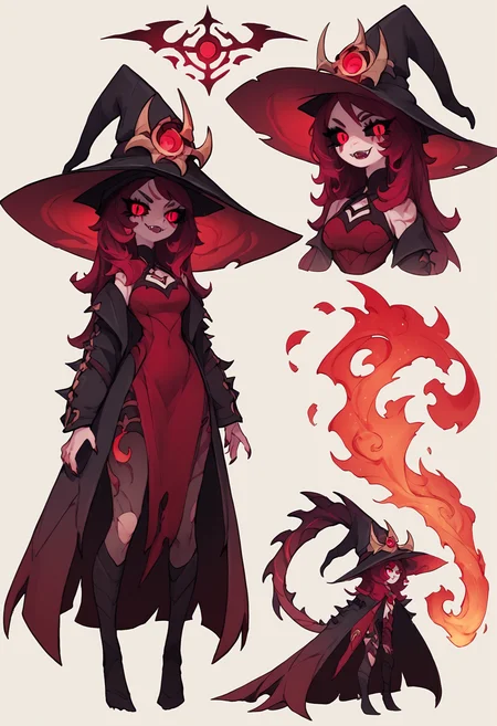 (score_9, score_8_up), score_7_up, zPDXL, SqueakyStyle, 1girl, red hat, witch hat, red dress, fire aura, smile, fangs, black sclera, red eyes, slit pupils, reference sheet, character sheet, white background, poses <lora:Squeaky_Style_XL_Pony_SingleShot:1>