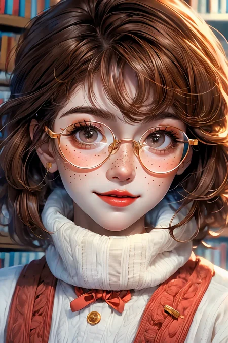 closeup, face, portrait, upper body,
freckles,
shy, blush,
(short brown hair:1.1),
(library:1.1),
(round glasses:1.2),
(brown eyes:1.4),
cozy, detailed eyes, winter sweater,
<lora:more_details:0.4>
<lora:Cosmic anime-oil fusion v2:0.45>
<lora:AnimeVibesV3:0.55> animevibes,
<lora:3DMM_V11:0.55> 3DMM
<lora:midjourney_20230624181825:0.65> midjourney ,
<lora:fashionGirl_v50:0.55> fashi-girl, red lips,
<lora:LAS:0.15> cloud,colorful,
<lora:msw_locon-t2:0.25>, shiny, shiny hair, shiny skin, shiny clothes