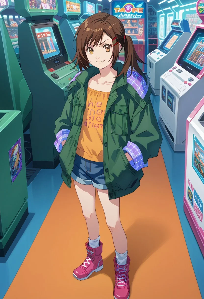 score_8, score_8_up, score_7_up, source_anime, anime screenshot, 1girl, female focus, solo, misa_GB, flat chest, hair ornament, hair clip, asymmetrical hair, short twintails, green jacket, hooded jacket, open jacket, collared jacket, blue plaid hood, blue plaid sleeve cuffs, collarbone, orange shirt, low-cut shirt, text print, clothes writing, short shorts, denim shorts, ankle socks, white socks, ankle boots, pink footwear, full body, standing, looking at viewer, smug, arcade, arcade machines, indoors,