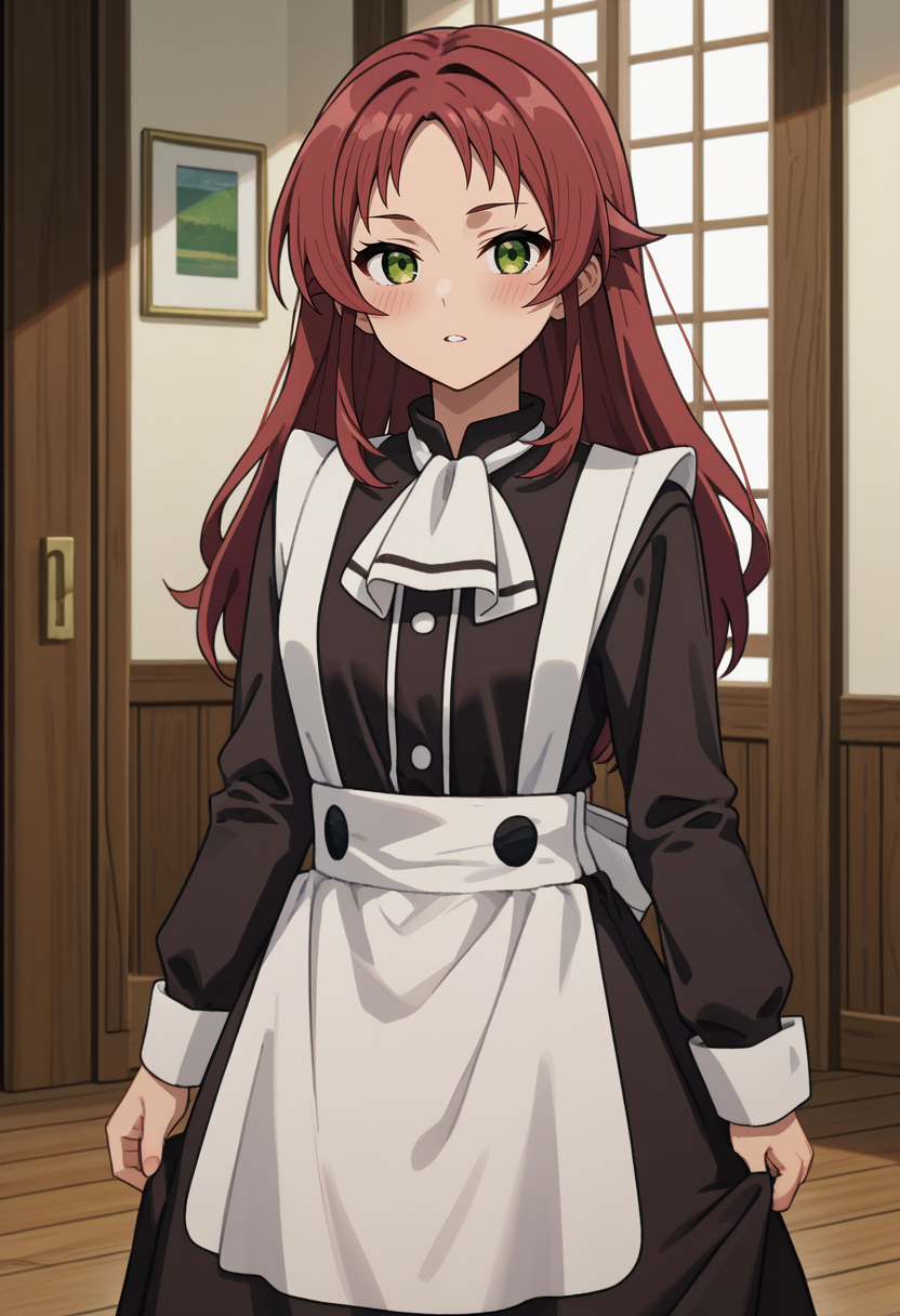 score_9,
<lora:MushokuTensei_AishaGreyratXL:0.8>, AishaGreyrat,
1girl, solo, parted lips, blush,
red hair, green eyes, straight hair, long hair,
maid, black dress, maid apron, ascot, long sleeves,
standing, looking at viewer,
indoors, wood