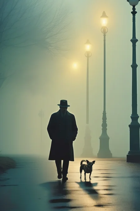 <lora:Roger Deakins Style:1>Roger Deakins Style - man with hat walks with chihuahua dog in fog winter, retro street lamp posts, Canon 5D, color image in the style of David Fincher