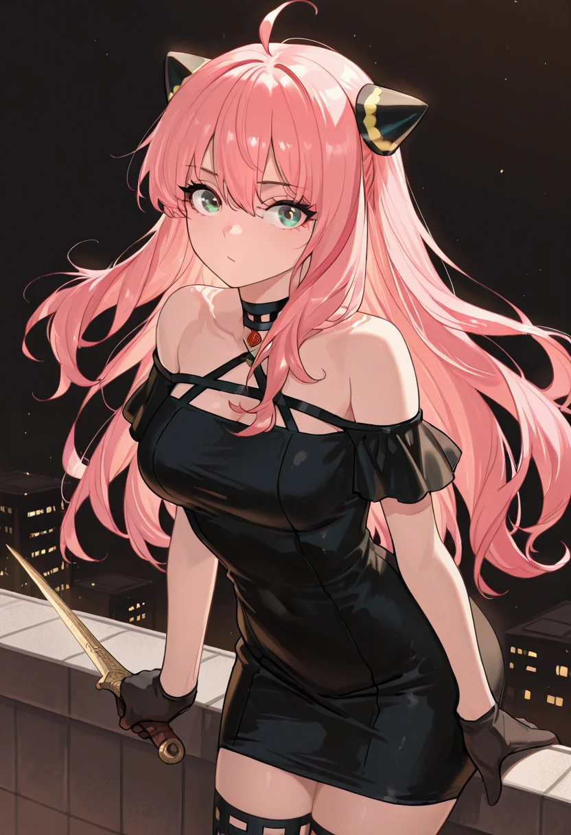 masterpiece, best quality, 1girl, solo, eyelashes, (beautiful eyes), ,<lora:AdultAnyaIXL:1.0>, zzAnya, green eyes, hair between eyes, ahoge, pink hair, long hair, hair ornament, hairpods, crouching on a rooftop ledge, wind tossing her rainbow-streaked hair, black choker tight around her throat, gloved fingers clutching a dagger against her thigh, intense gaze locked onto her target, black dress blending into the night, floral pattern catching faint moonlight, off-shoulder cut revealing her poised stance, the city glowing below, a predator in the darkness, abstract red and black background, dramatic cowboy shot