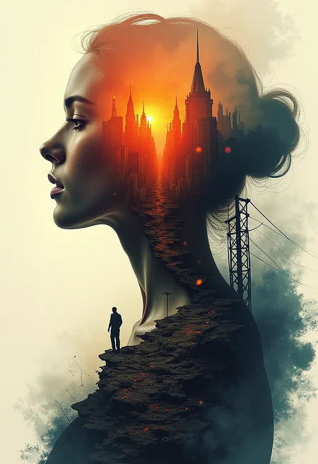A haunting double exposure portrait of a person's profile superimposed upon the ruins of a post-apocalyptic cityscape at sunset. The city's crumbling spires and twisted metal debris blend seamlessly into the contours of the face, its vibrant colors bleeding into the soft features. Ink-like lines define the subject's silhouette as it rises from the cracked earth, while acrylic textures evoke a sense of worn, aged paper. In the background, a mystical, luminous haze glows with an otherworldly intensity, as if the very fabric of reality is torn asunder to reveal the dreamlike city beneath.