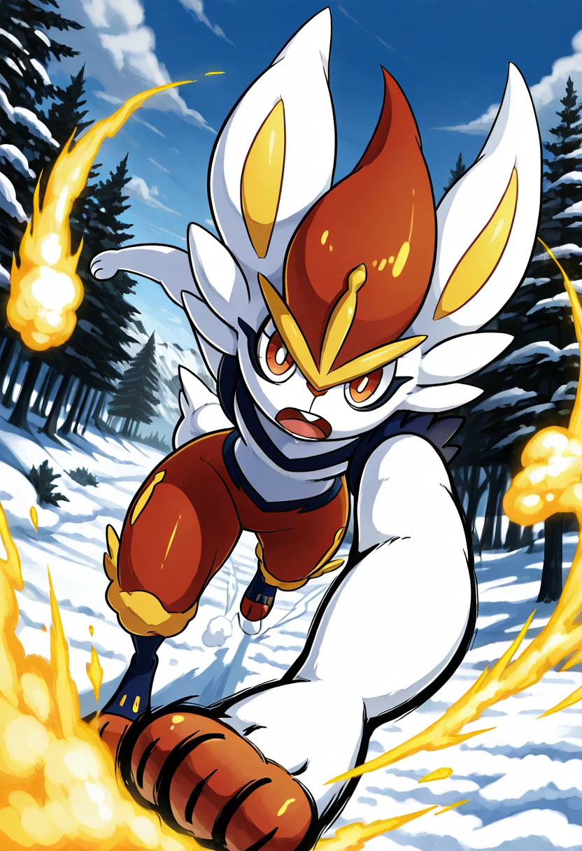 masterpiece, best quality, no humans,    zzCinderace, white snow, steam breath, fast motion blur, snowy forest, determined eyes, trail of heat, frosty air, early morning, silent landscape â Cinderace bounds across the snowy plain in a blur of speed, its body cutting a swath through the frost. Steam rises from its fur, the heat of its core defying the chill. Its eyes are sharp and unwavering, scanning ahead with purpose. Behind it, the snow melts in streaks where its feet touched down, a glowing trail against the pristine white.   <lora:CinderacePokedex_IXL:1.0>,