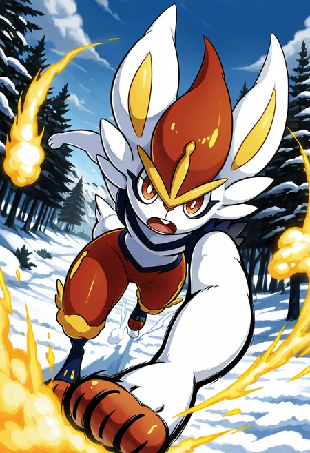 masterpiece, best quality, no humans, zzCinderace, white snow, steam breath, fast motion blur, snowy forest, determined eyes, trail of heat, frosty air, early morning, silent landscape â Cinderace bounds across the snowy plain in a blur of speed, its body cutting a swath through the frost. Steam rises from its fur, the heat of its core defying the chill. Its eyes are sharp and unwavering, scanning ahead with purpose. Behind it, the snow melts in streaks where its feet touched down, a glowing trail against the pristine white. <lora:CinderacePokedex_IXL:1.0>,